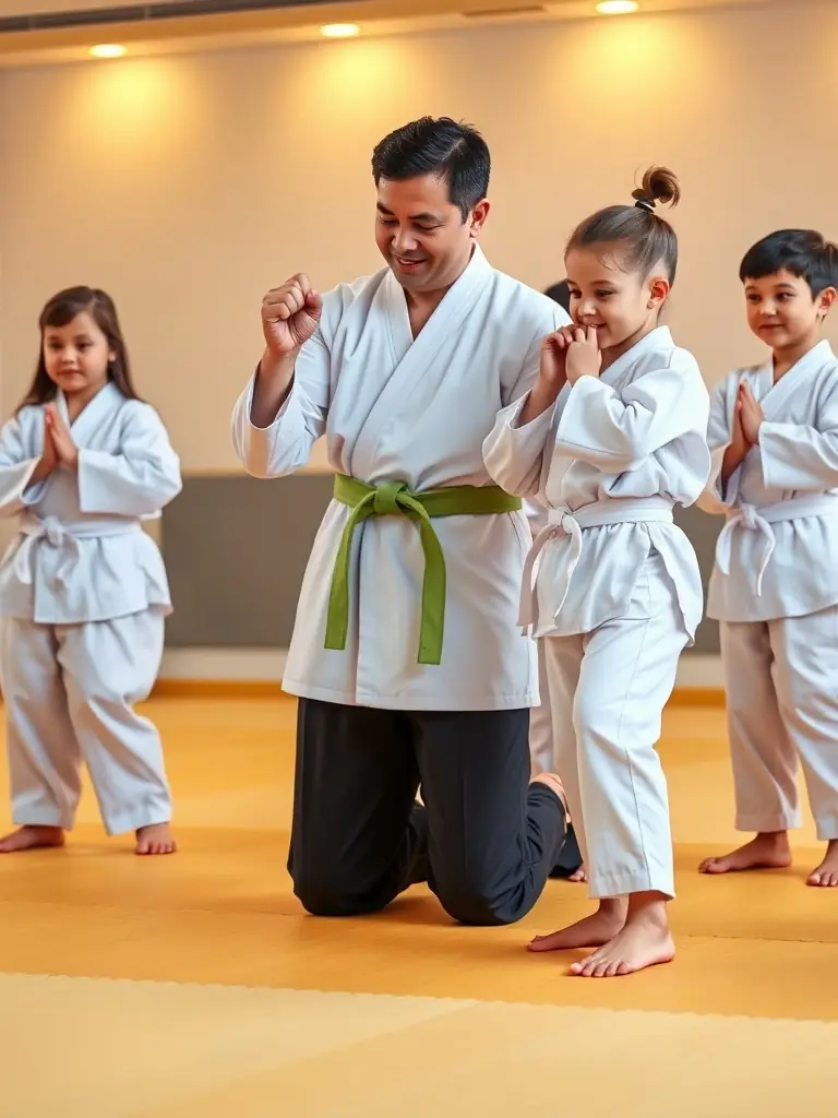 A group of children in karate uniforms practicing basic stances under the guidance of an instructor at BUDOKAI KARATE CLUB DE BRIVE.