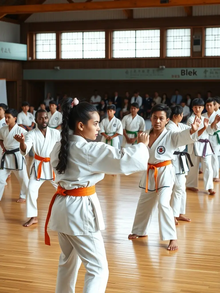 A diverse group of karate students participating in a kata competition at BUDOKAI KARATE CLUB DE BRIVE.