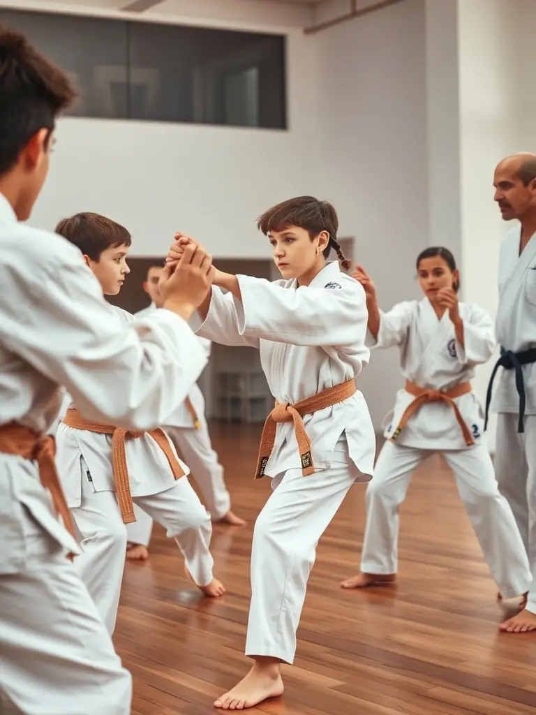 Teenagers practicing advanced karate techniques with focus and precision at BUDOKAI KARATE CLUB DE BRIVE.