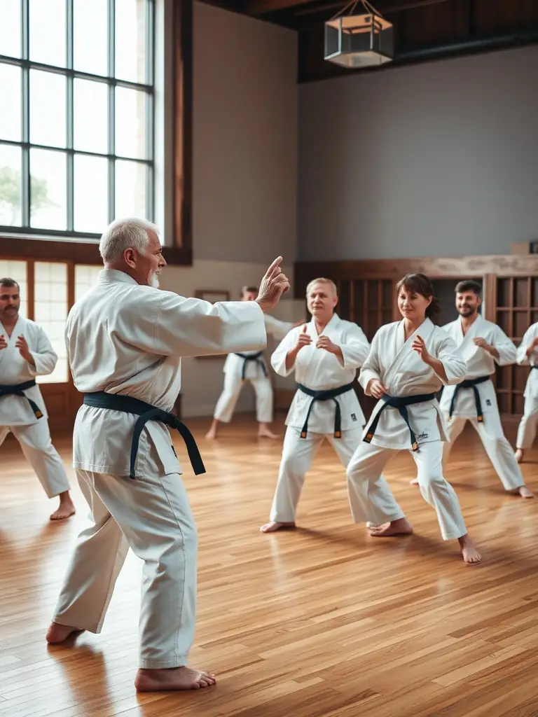 Adults in karate uniforms practicing self-defense techniques with a sensei at Budokai Karate Club de Brive.