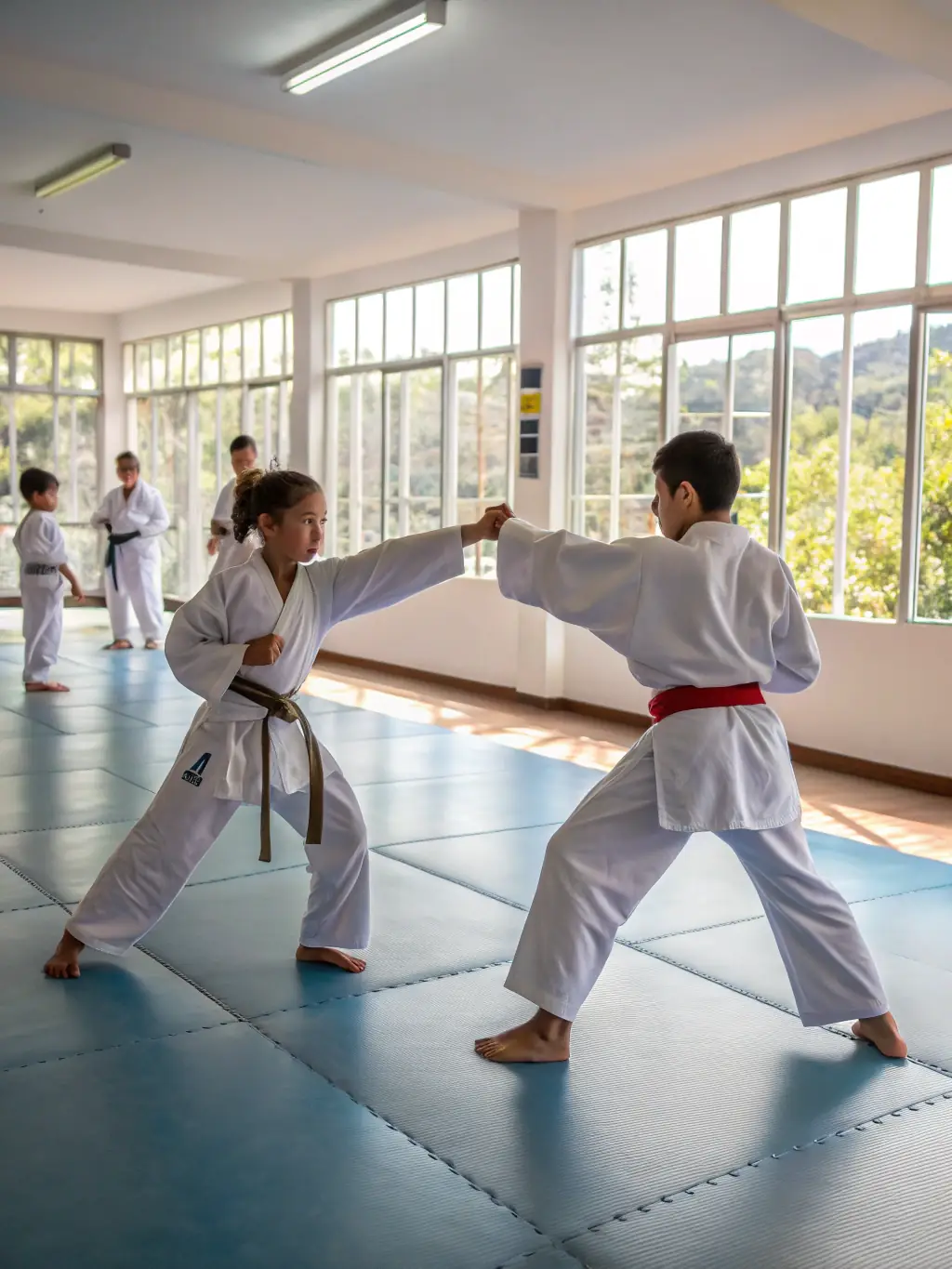 Teenagers practicing advanced karate techniques, such as sparring and kata, at Budokai Karate Club de Brive.