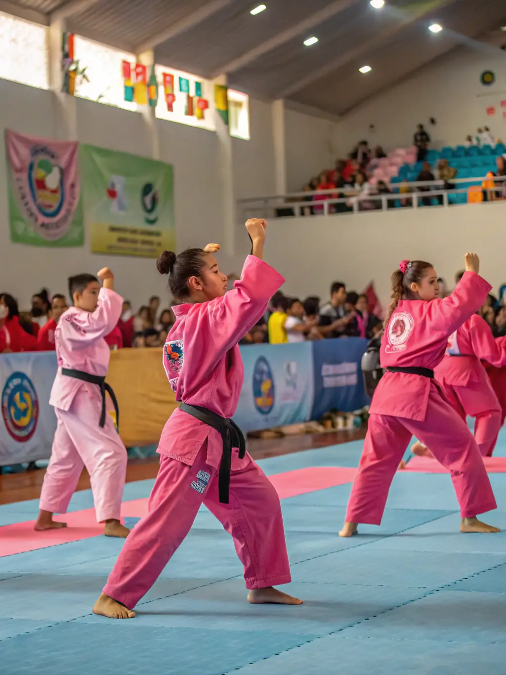 Karate students competing in a local karate tournament, showcasing their skills and techniques in a competitive yet supportive environment at BUDOKAI KARATE CLUB DE BRIVE.