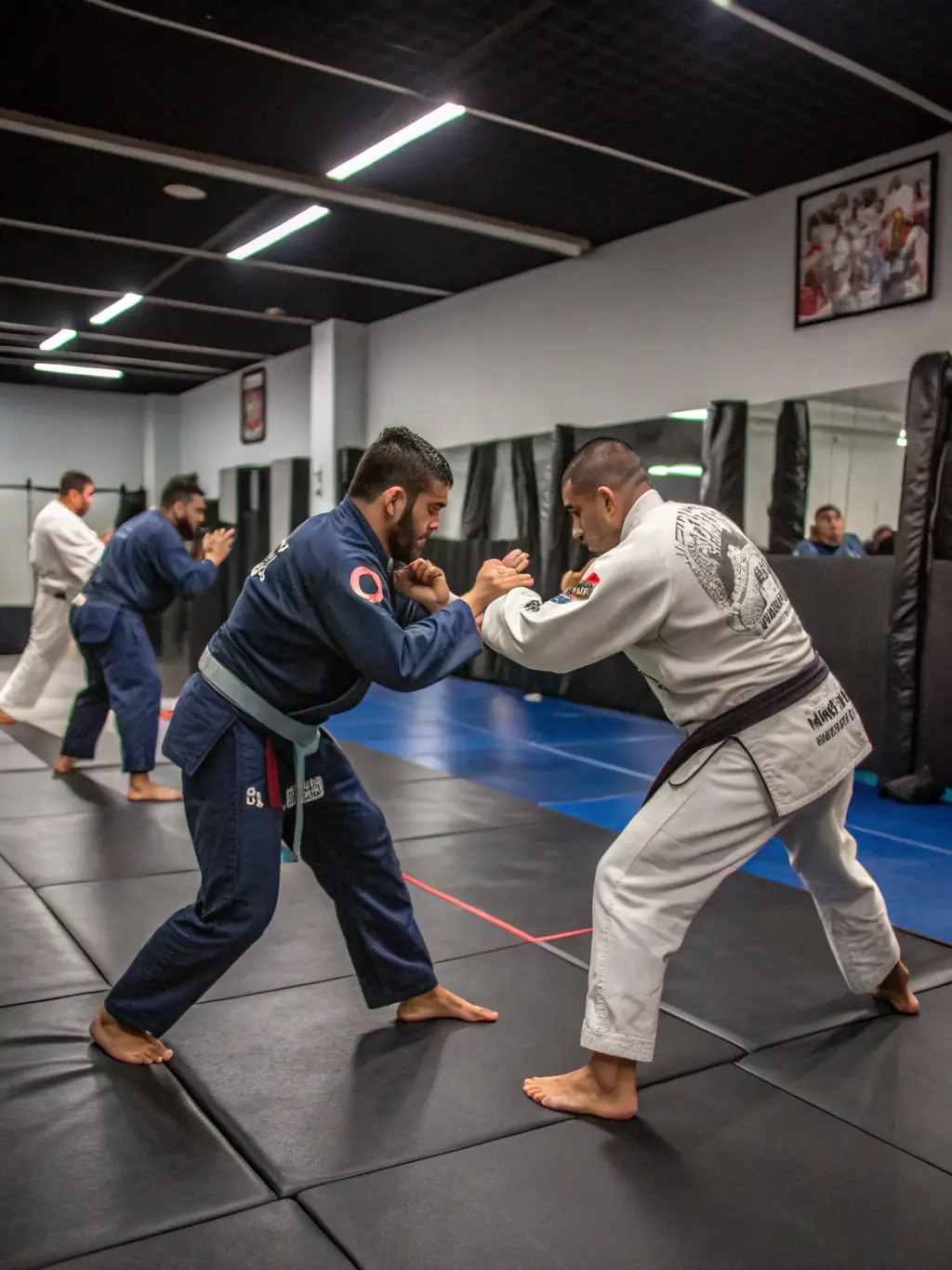 Adults in karate uniforms sparring under the supervision of a senior instructor at BUDOKAI KARATE CLUB DE BRIVE.