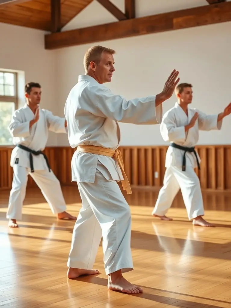 Adults in karate uniforms practicing self-defense techniques with an instructor at BUDOKAI KARATE CLUB DE BRIVE.