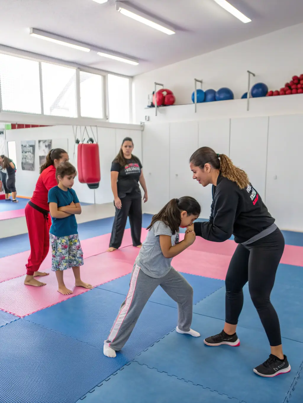 A group of karate students participating in a self-defense workshop, practicing techniques under the guidance of an instructor at BUDOKAI KARATE CLUB DE BRIVE.