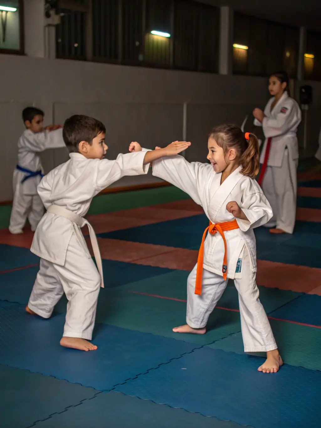 A group of children in white karate uniforms practicing basic stances under the guidance of an instructor at Budokai Karate Club de Brive.