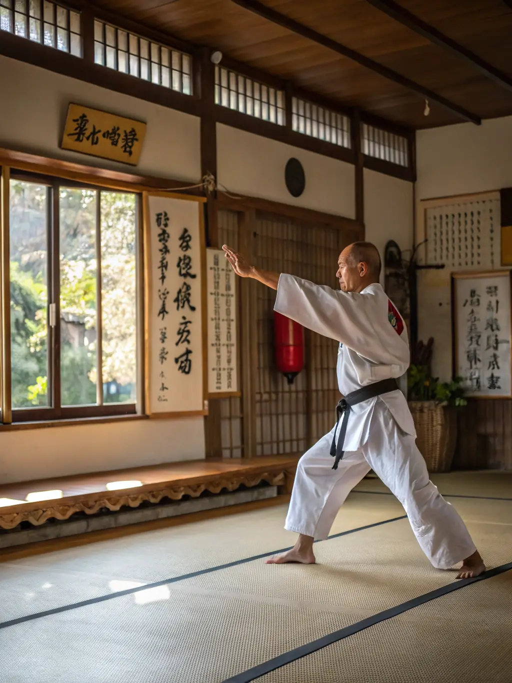 A teenager in a karate uniform performing a kata with focus and precision at BUDOKAI KARATE CLUB DE BRIVE.