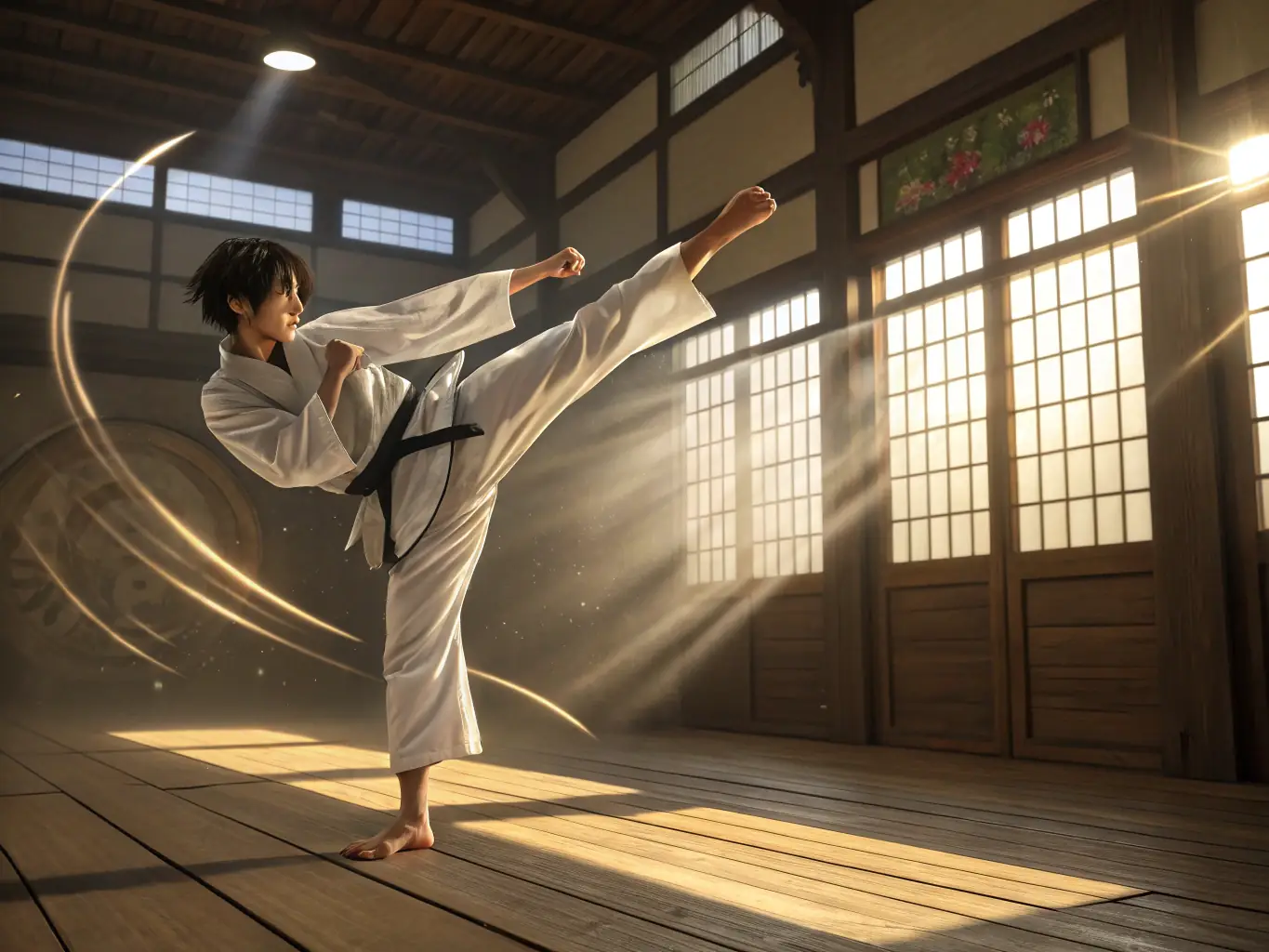 A dynamic image of a karate instructor demonstrating a powerful kick to a student, highlighting the physical fitness and self-defense aspects of karate training.