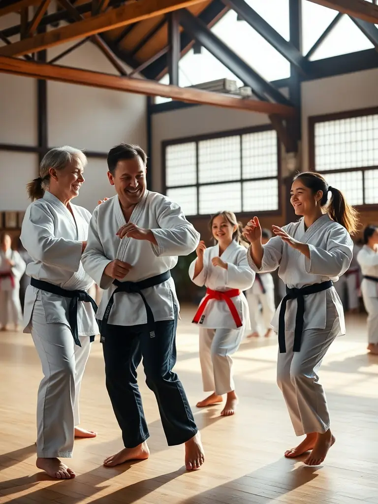 A diverse group of participants attending a karate seminar, listening attentively to a guest speaker sharing insights and advanced techniques at BUDOKAI KARATE CLUB DE BRIVE.