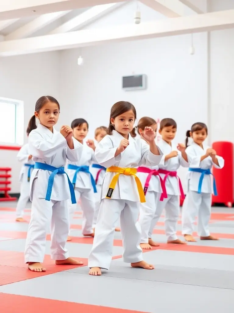 A group of children in white karate uniforms practicing basic stances under the guidance of an instructor at BUDOKAI KARATE CLUB DE BRIVE.