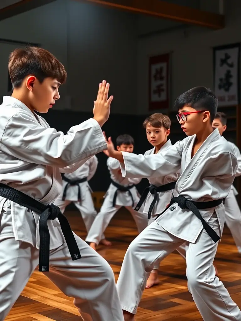 A group of karate students participating in a kumite (sparring) session under supervision at BUDOKAI KARATE CLUB DE BRIVE.