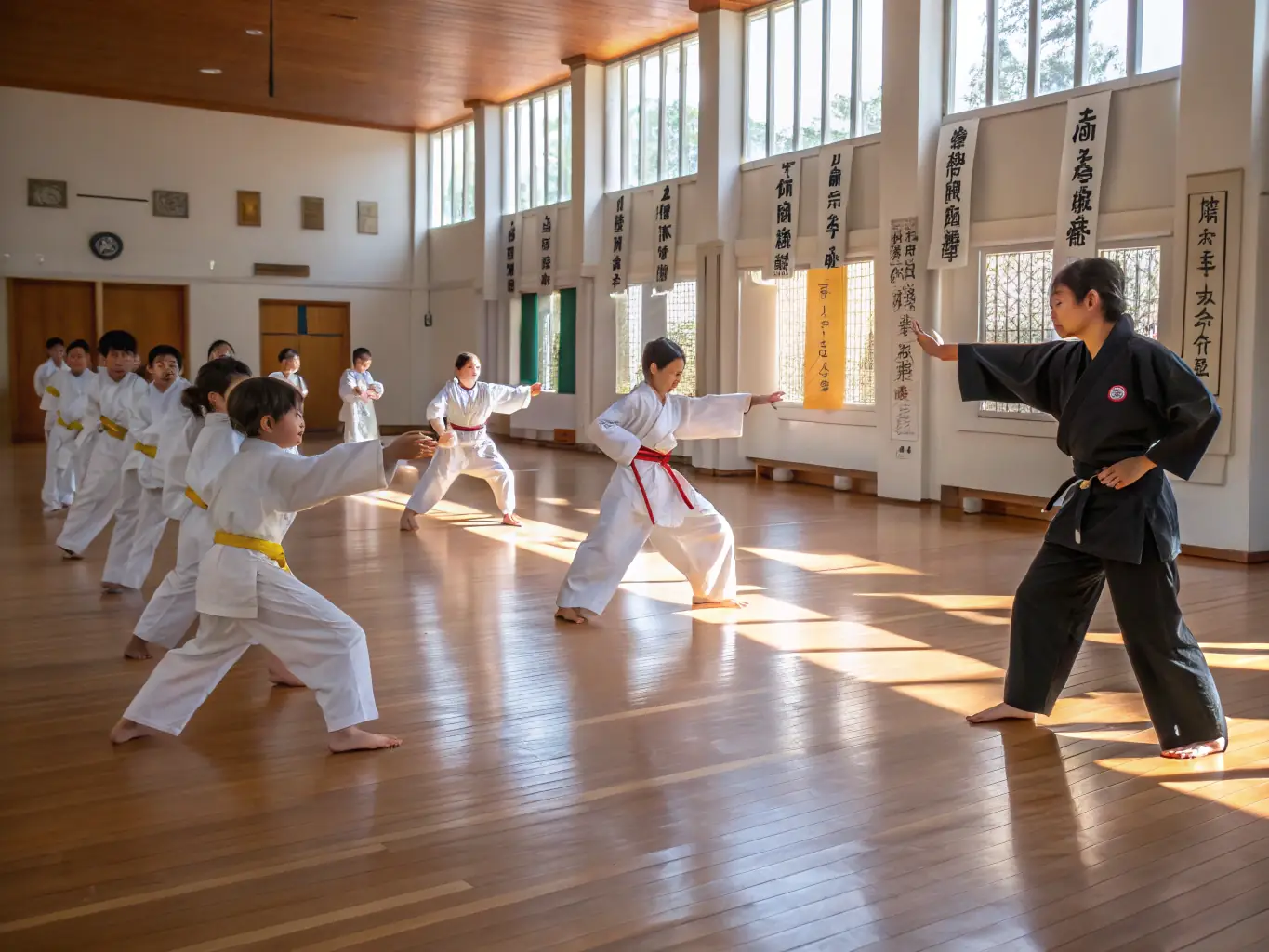 A diverse group of karate students of varying ages and skill levels practicing a synchronized kata routine in a well-lit dojo, showcasing discipline and teamwork.