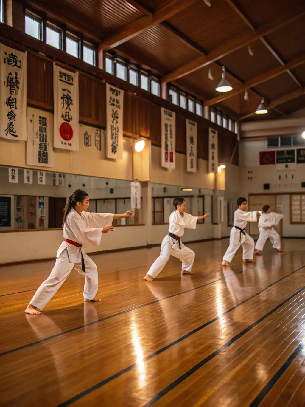 A group of karate students participating in a kata competition at Budokai Karate Club de Brive, showcasing their skills and discipline.