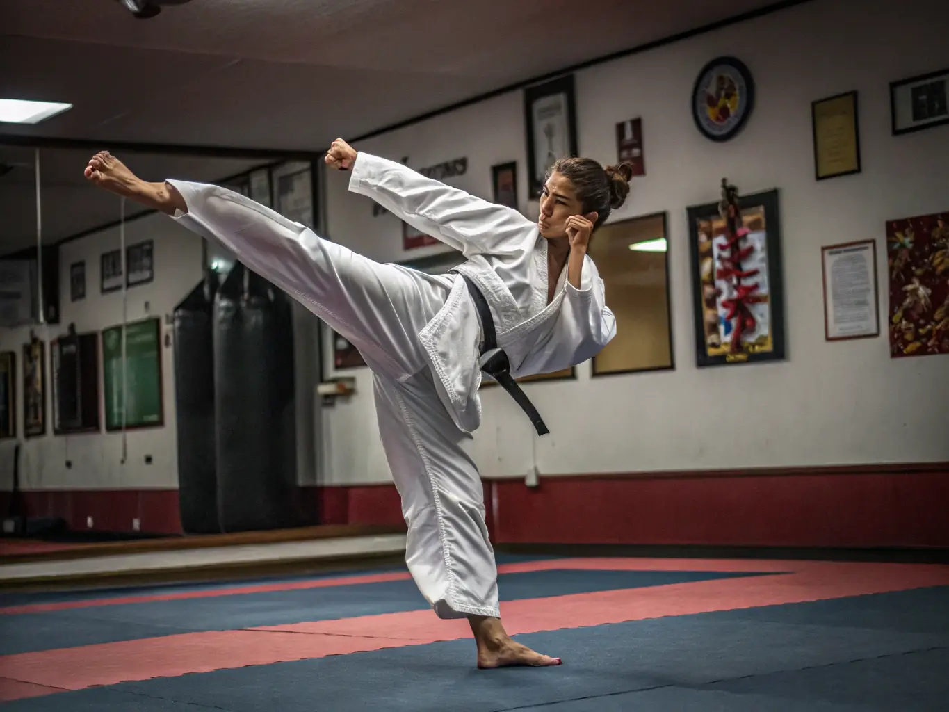 A focused individual practicing a precise karate move, highlighting discipline and technique.
