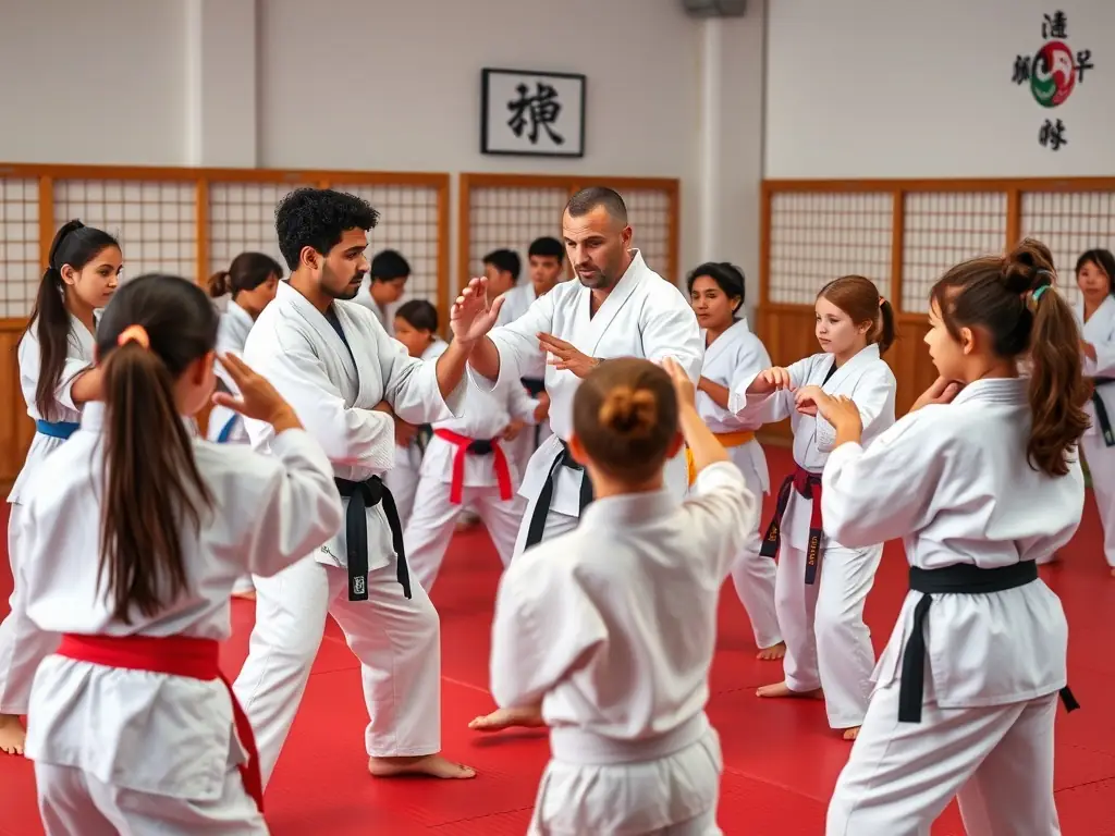 A group of diverse individuals practicing karate together in a dojo, demonstrating unity and teamwork.