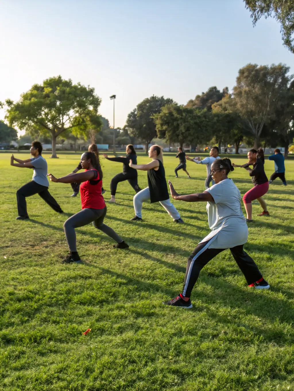 Karate club members participating in a community outreach event, demonstrating basic karate moves to local children in a park setting, promoting fitness and discipline at BUDOKAI KARATE CLUB DE BRIVE.